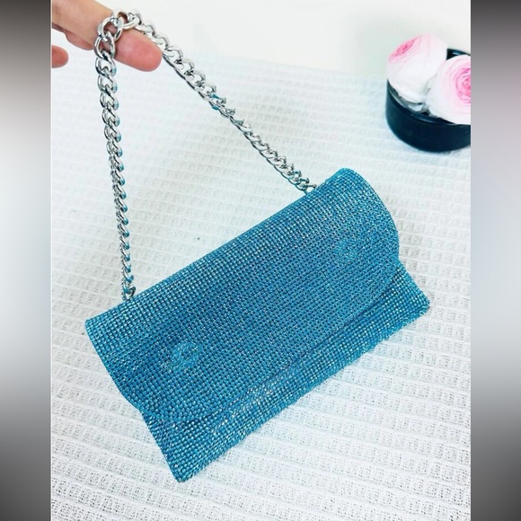 Rhinestone Crystal crossbody metallic wallet chain woc bag purse blue aqua - Picture 4 of 9